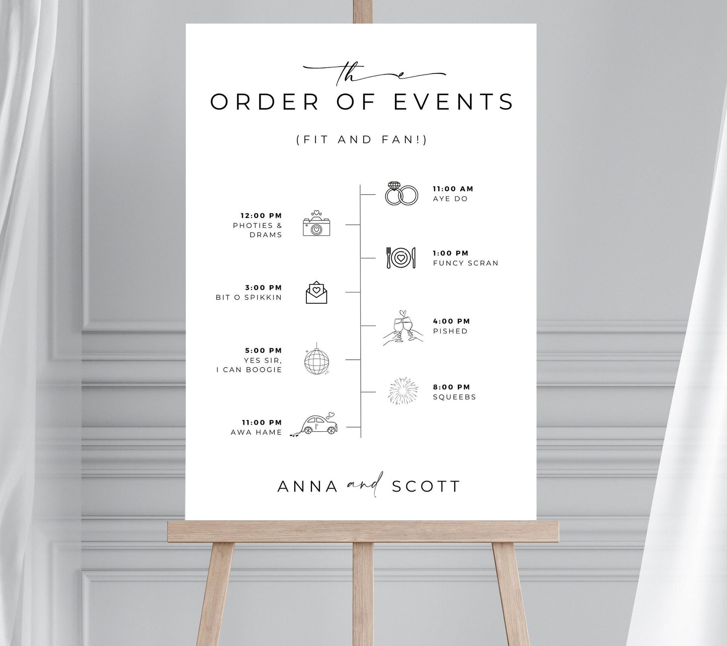 Scottish Slang Wedding Order of the Day Sign, Doric Slang Wedding Order of Events Welcome, Minimalist Wedding Timeline, Large Wedding Plan