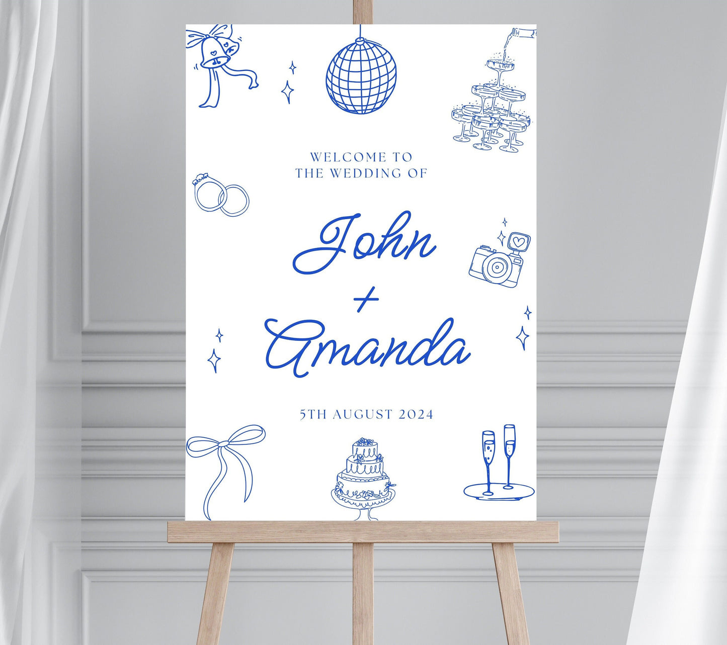 Blue and White Illustrated Wedding Welcome Sign, Handwritten Style Wedding Sign, Vintage Scribble Engagement Party Sign, Hand Drawn Effect