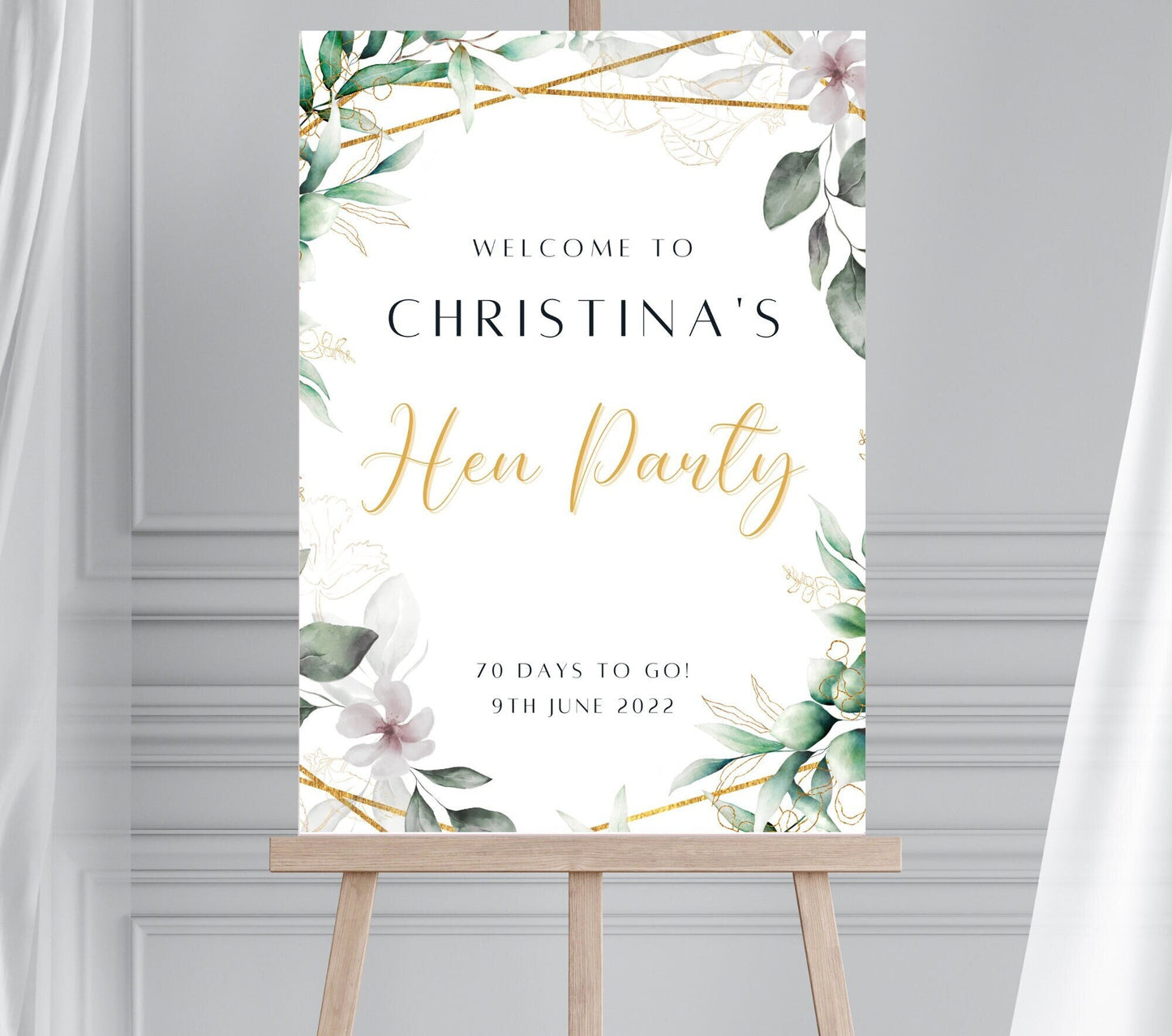 Sage and Gold Foliage Welcome Sign, Eucalyptus and Gold Hen Party Sign, Greenery Gold Welcome Sign, Sage Wedding Sign