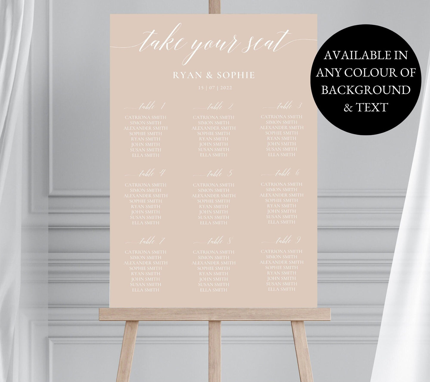 Neutral Beige Wedding Table Plan, Nude Wedding Seating Plan, Calligraphy Table Plan, Luxury Table Plan