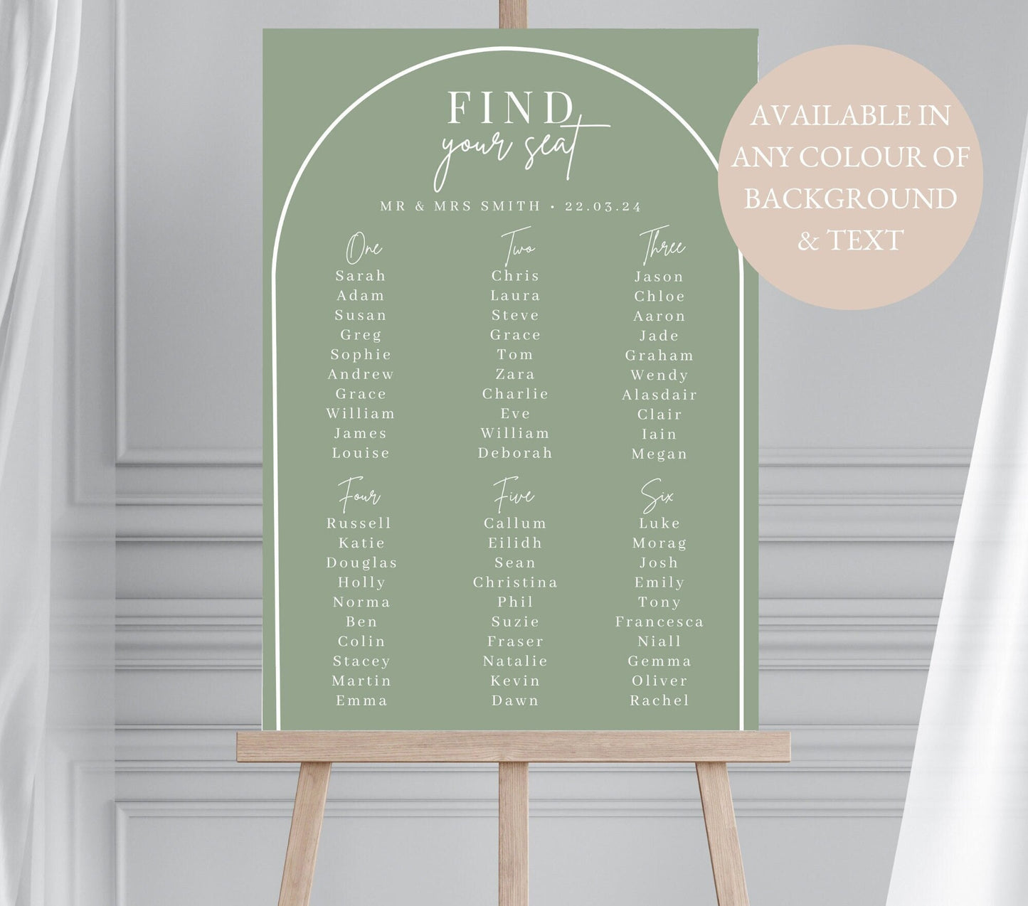 Personalised Sage Green Wedding Table Plan, Olive Wedding Seating Chart, Arch Table Plan