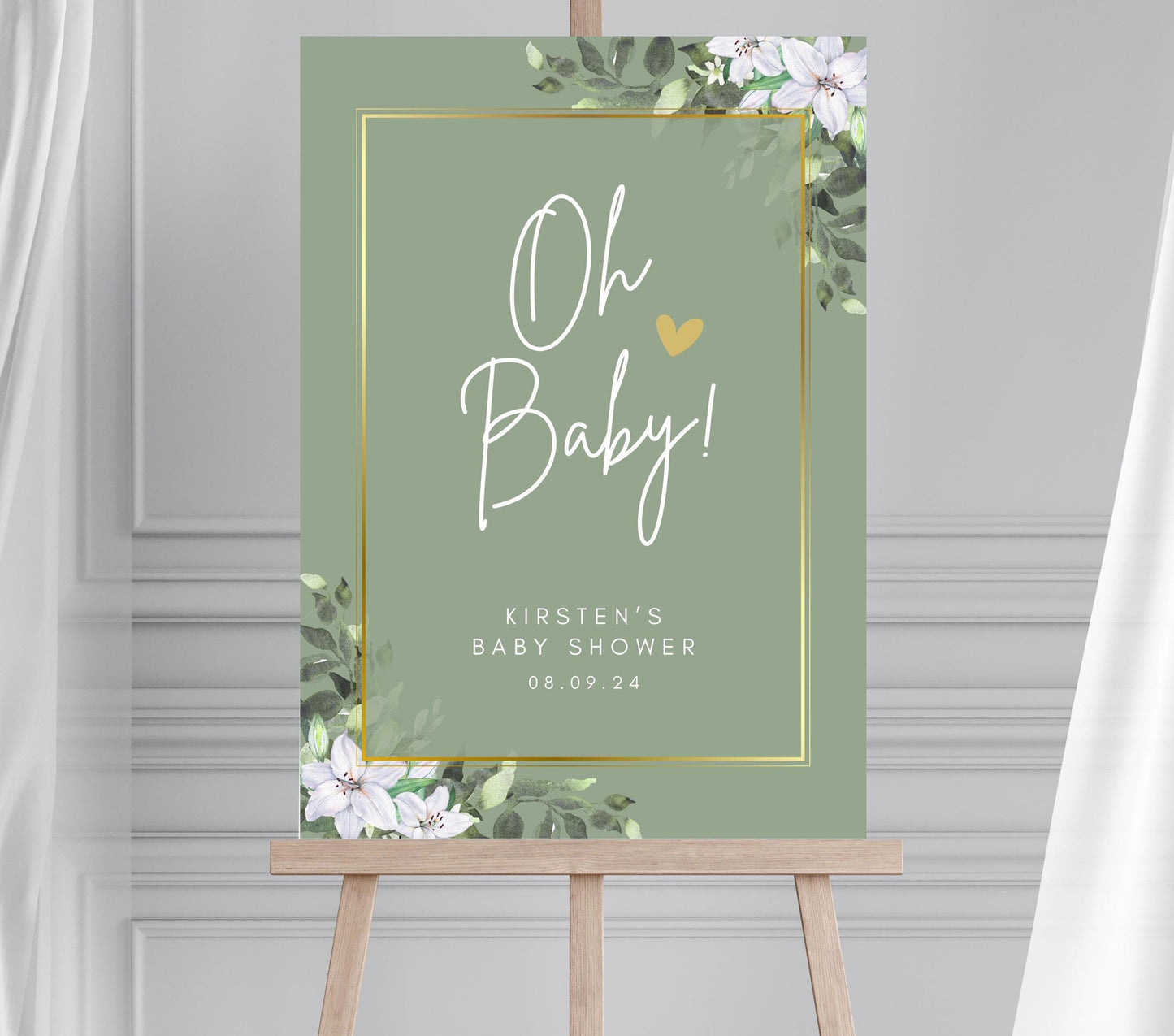 Greenery Baby Shower welcome Sign, Oh Baby shower Sign, Greenery Gold, Baby shower decorations, Sage Green and Gold Baby Shower Welcome Sign