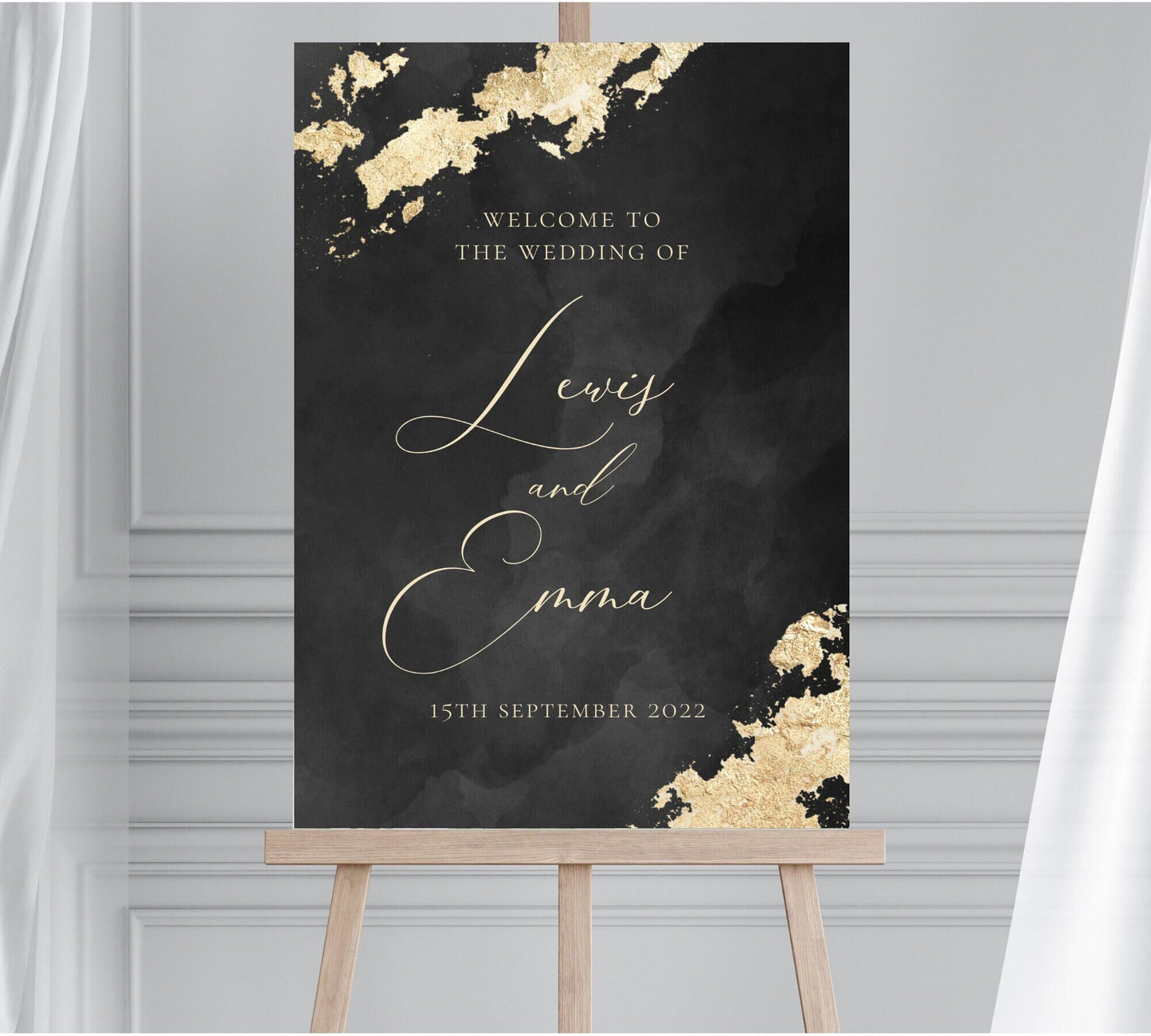 Black and Gold Wedding Welcome Sign, Black and Gold Engagement Party Welcome Sign, Gold Leaf Effect Wedding Welcome Sign