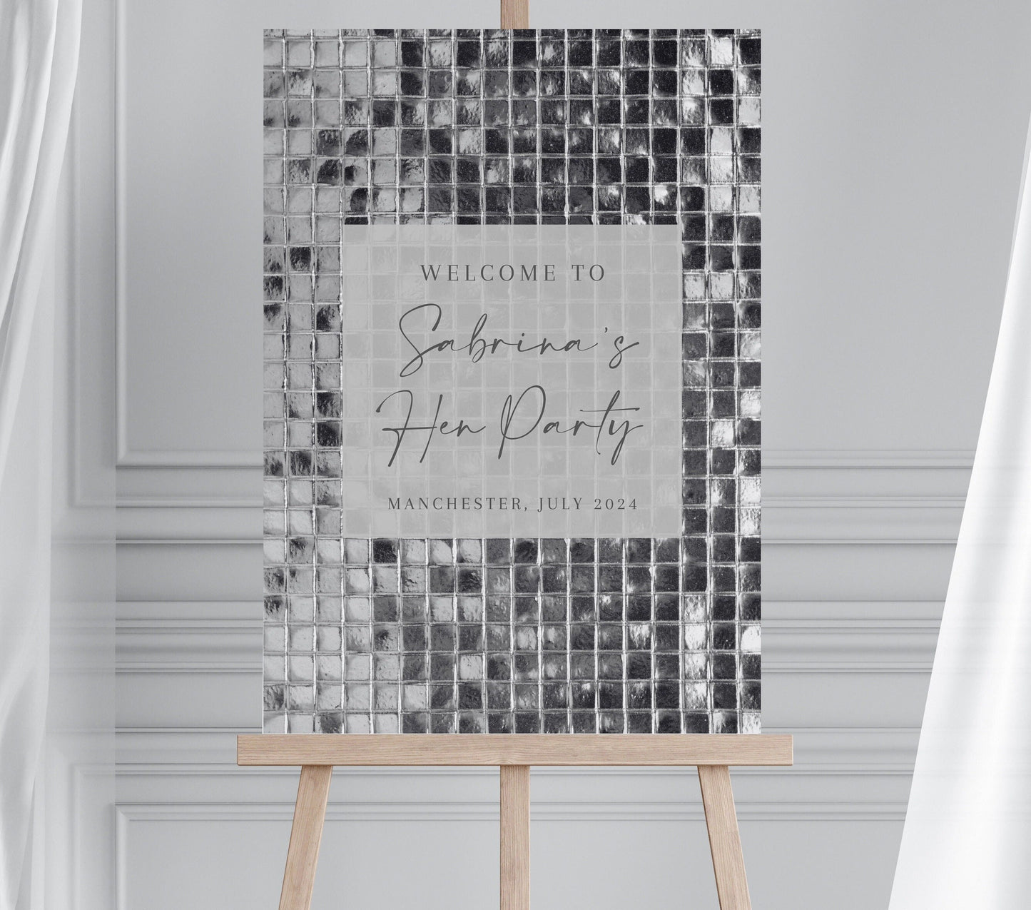 Disco Themed Bridal Shower Welcome Sign, Disco ball Hen Party Welcome Sign, Disco Themed Party, Sequin Wall Effect Printed Board