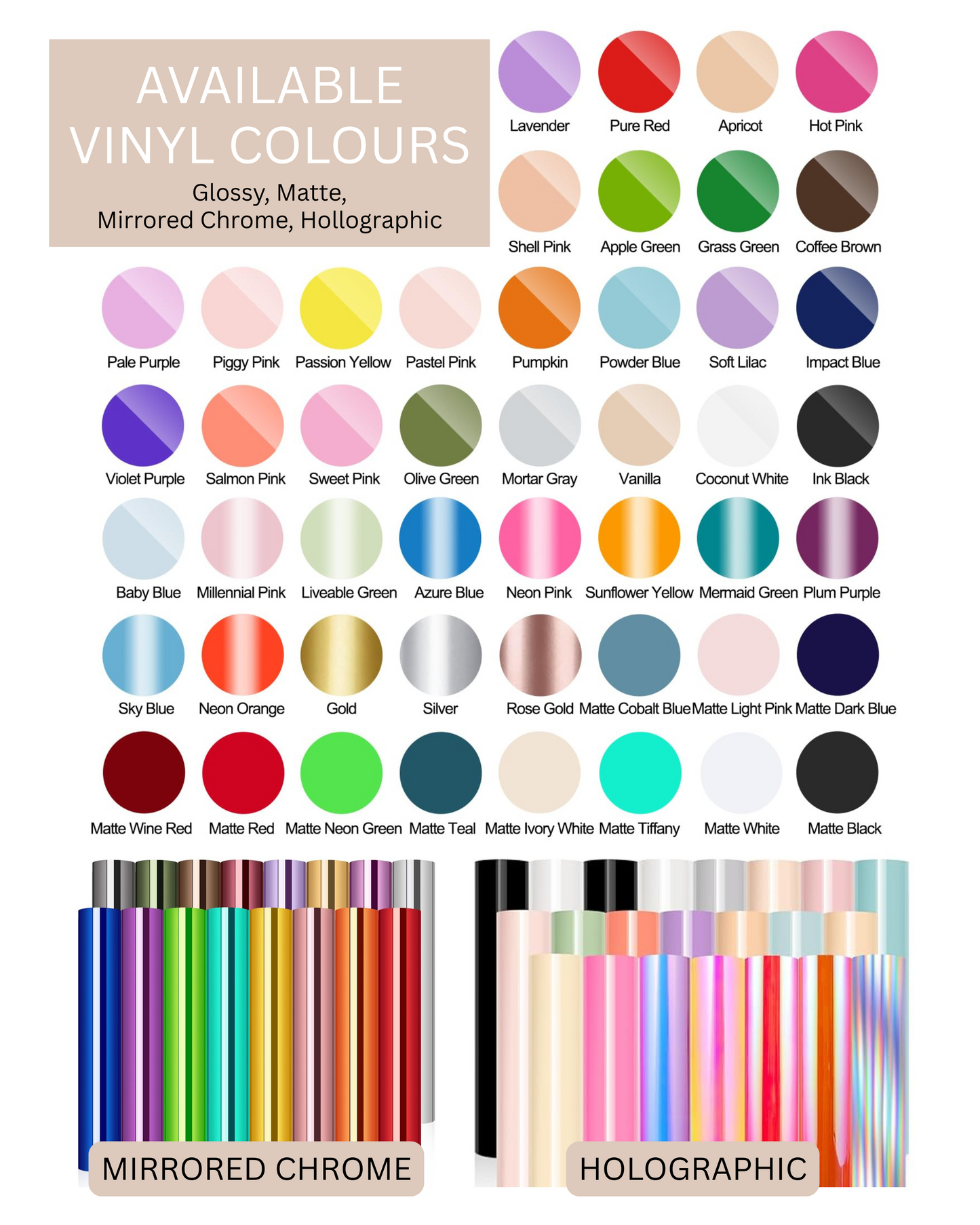 Color swatches for vinyl with various finishes and a display of sample vinyl rolls.