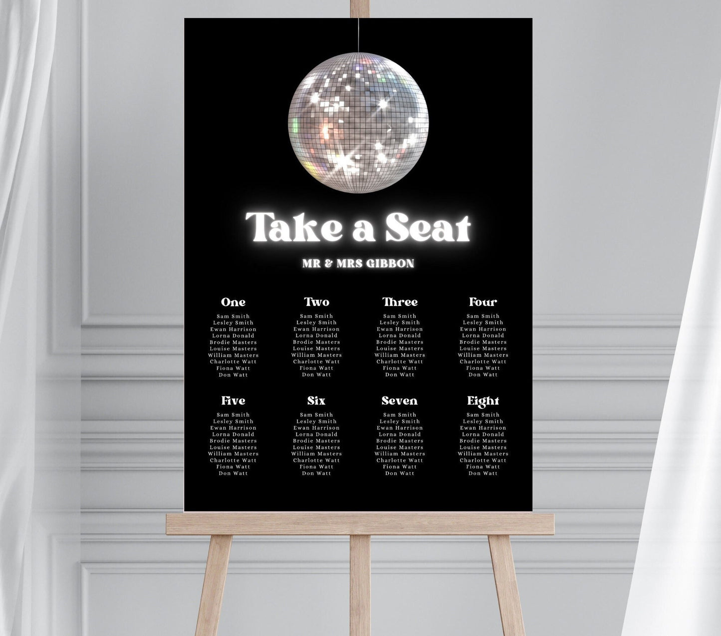 Retro Disco Wedding Seating Plan, Disco Ball Wedding Seating Chart, 70s Vintage Wedding Seating Plan, Neon Effect Seating Plan