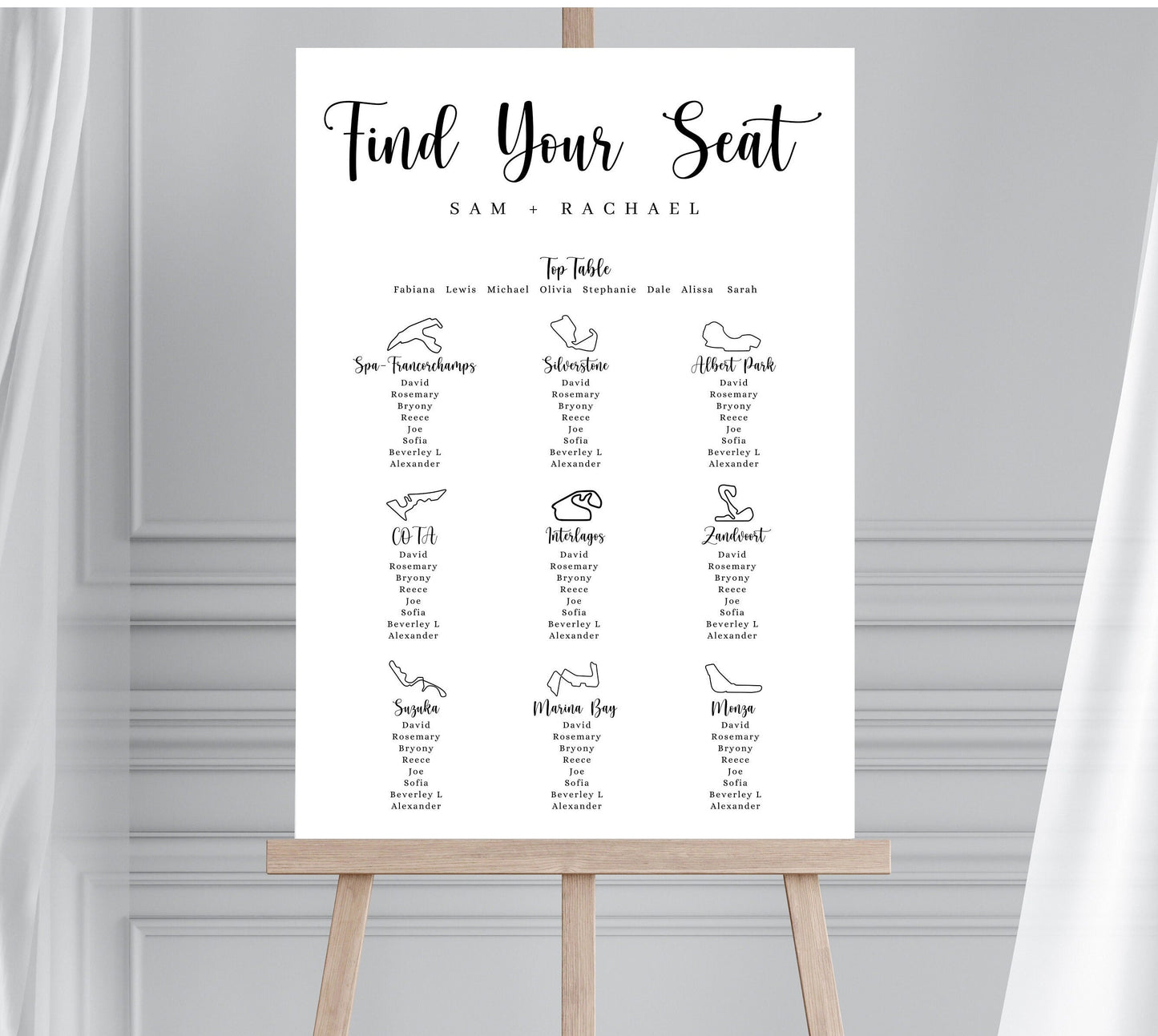 F1 RACETRACK THEMED Wedding Table Plan, Grand Prix Seating Chart, Formula 1 Table Plan, Race Car Themed Wedding, Race Track Wedding Sign