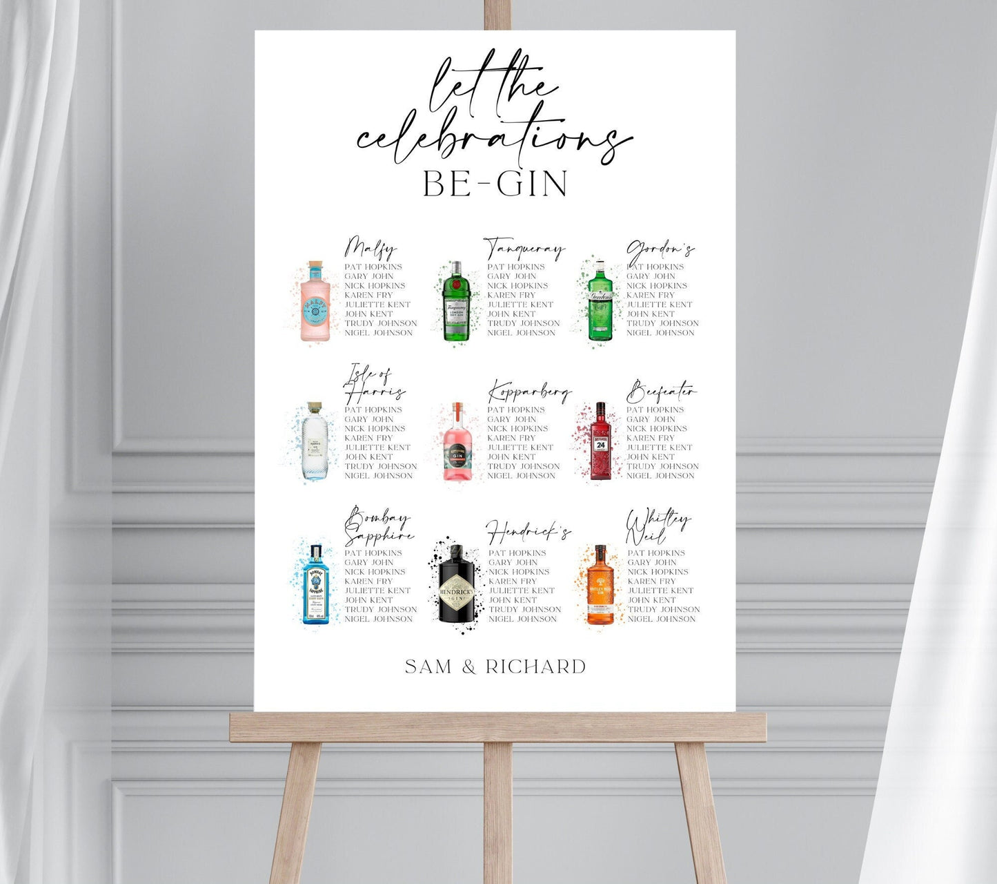 Gin Bottle Wedding Table Plan, Gin Themed Seating Chart, Favourite Drink Seating Plan, Alcoholic Drink Cocktail Wedding Table Plan