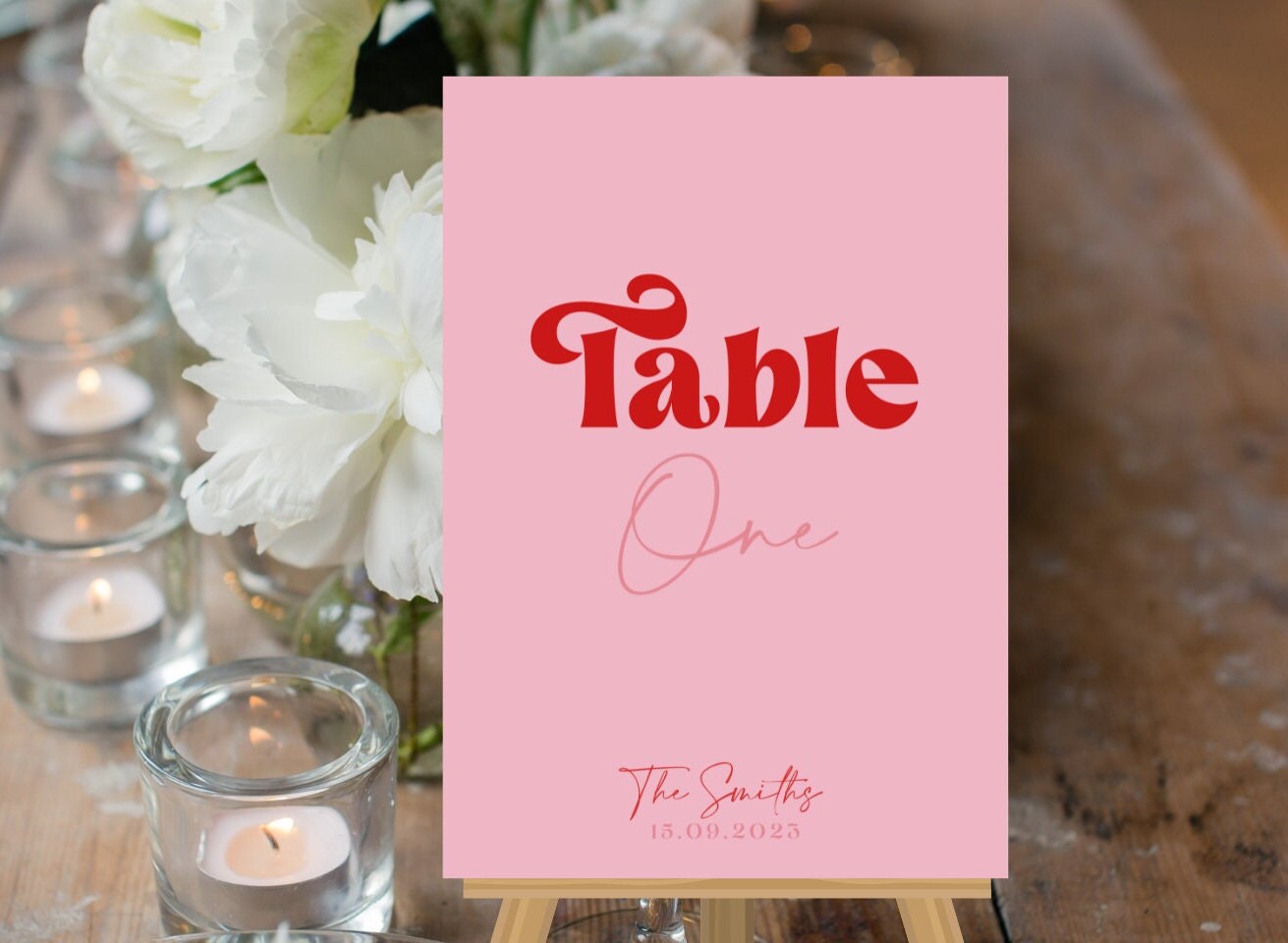 Retro Style Red and Pink Wedding Seating Chart, Groovy 70s Wedding Table Plan, Hot Pink Disco Table Plan, Pink and Red Seating Plan