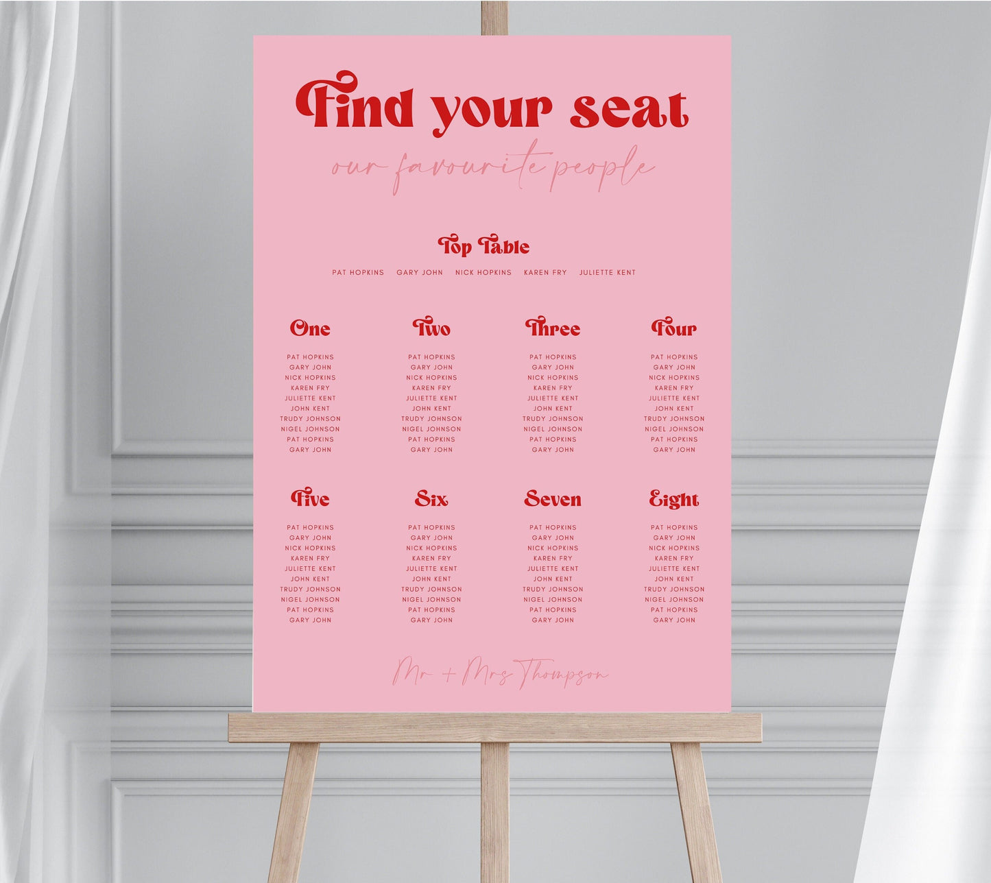 Retro Style Red and Pink Wedding Seating Chart, Groovy 70s Wedding Table Plan, Hot Pink Disco Table Plan, Pink and Red Seating Plan