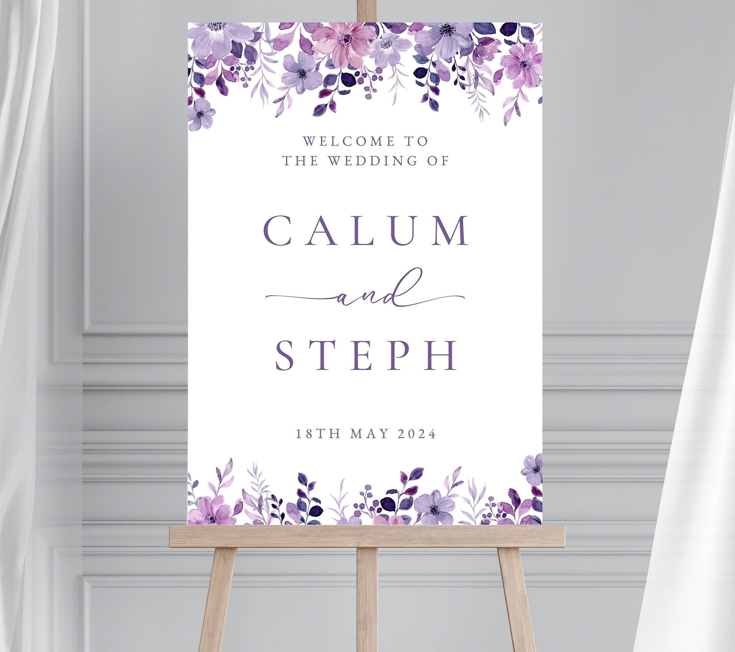 Lilac Floral Rose Wedding Welcome Sign, Purple Flower Wedding Welcome Sign, Wildflower Wedding Welcome Sign, Flowery Wedding Welcome Sign