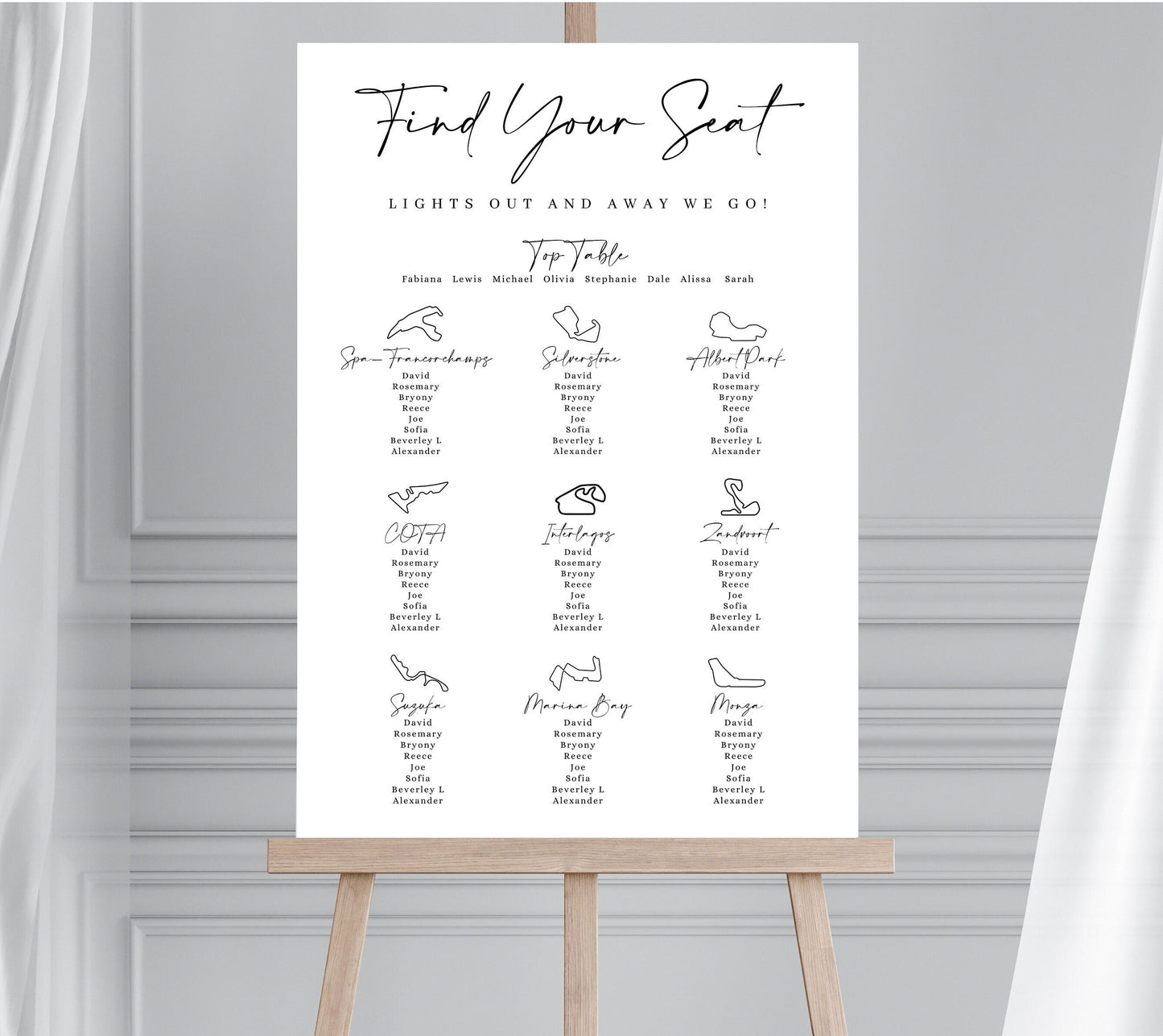 F1 RACETRACK THEMED Wedding Table Plan, Grand Prix Seating Chart, Formula 1 Table Plan, Race Car Themed Wedding, Race Track Wedding Sign