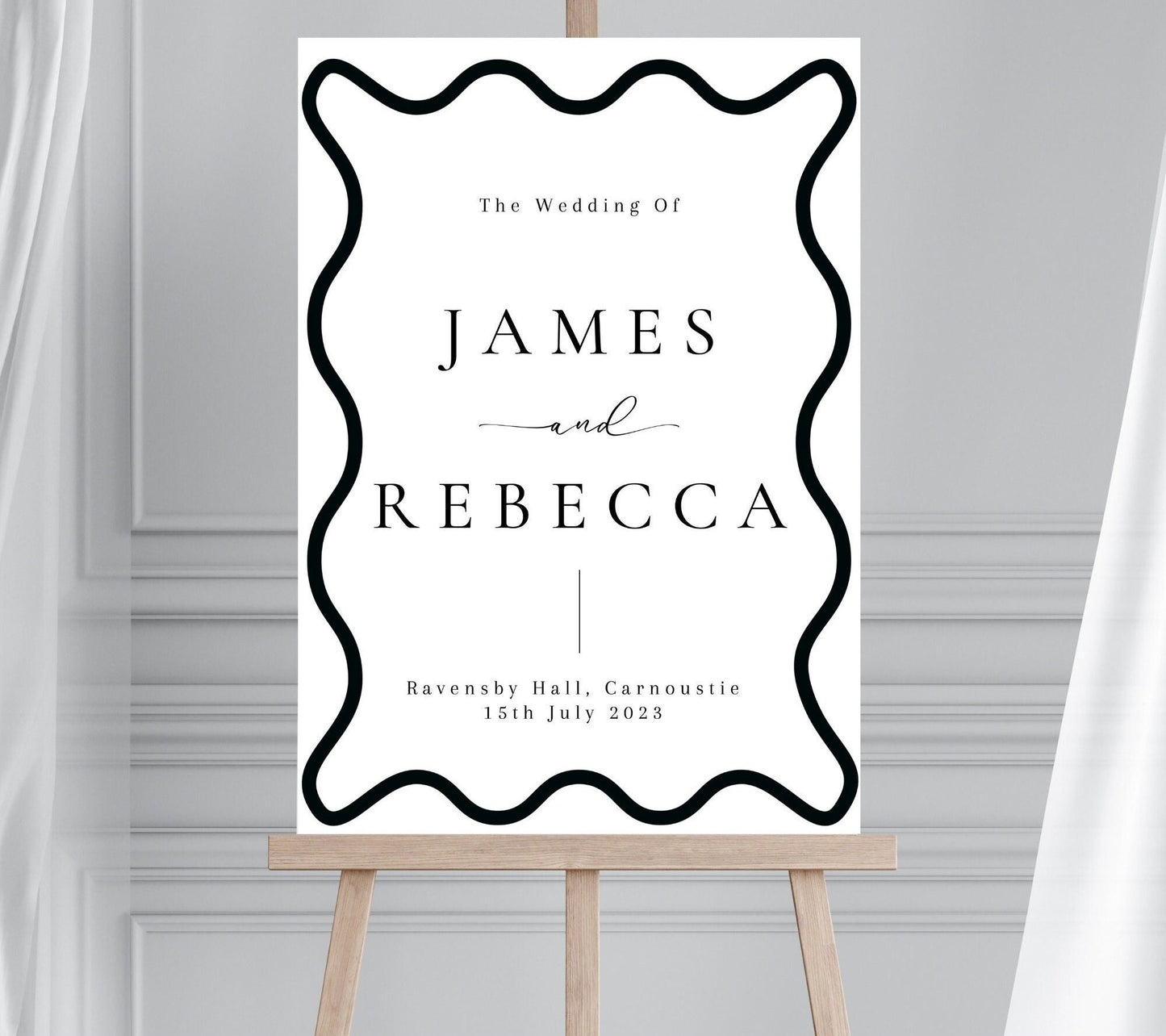 Monochrome Wave Wedding Welcome Sign, Modern Wedding Sign, Scalloped Edge Wedding Sign, Wavy Border Wedding Sign