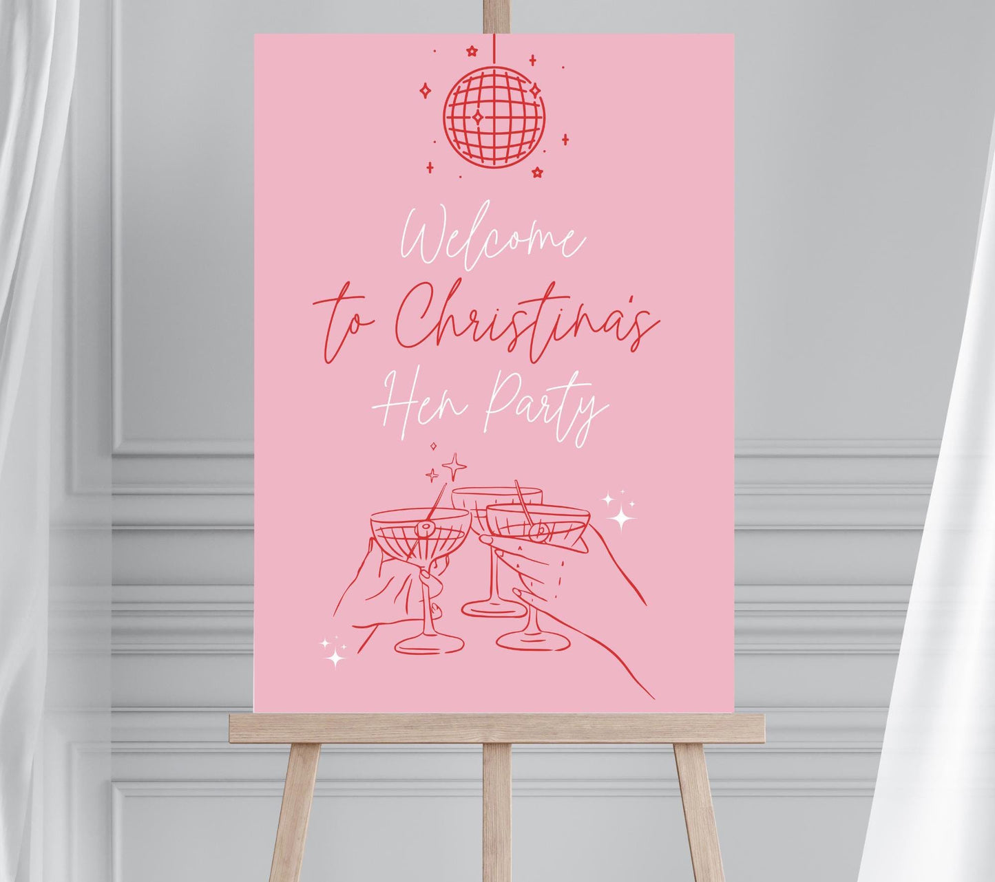 Pink and Red Hen Party Sign, Discoball Themed Hen Party, Modern Hens Party Sign, Pink Red Party Welcome Board, Large Bachelorette Sign