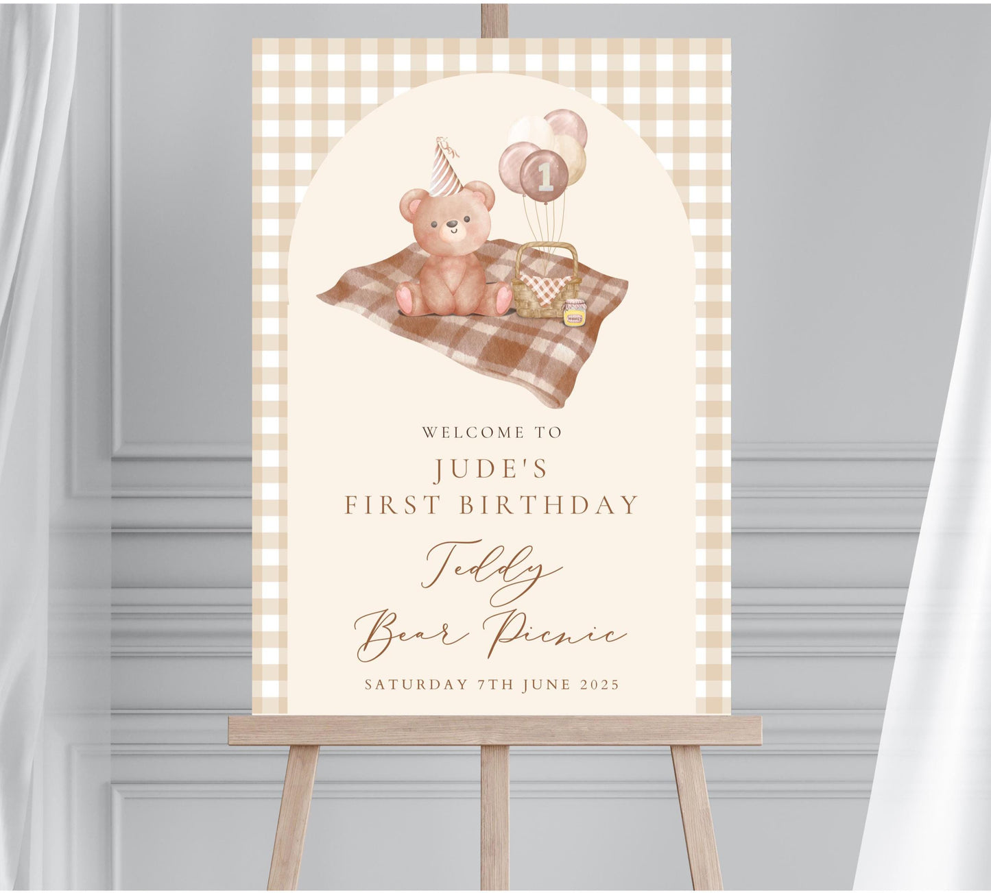 Teddy Bear Picnic Birthday Welcome Sign, Neutral Beary First Birthday Party Decor, Unisex Childrens Party Welcome Board, Large Welcome Sign
