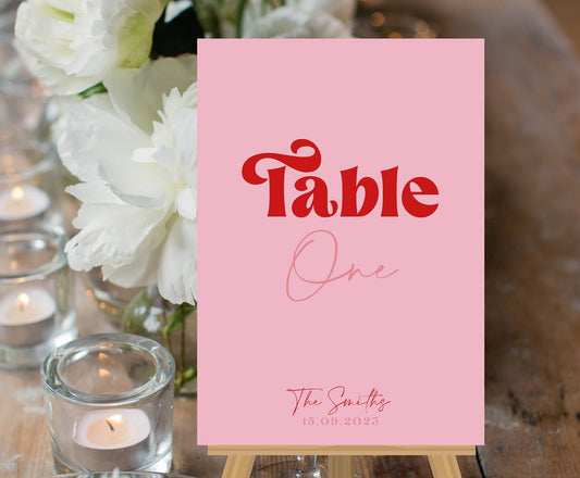 Retro Style Red and Pink Wedding Table Numbers, Groovy 70s Wedding Table Numbers, Hot Pink Disco Table Names, Pink and Red Table numbers