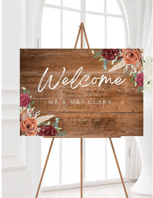 Wooden Effect Wedding Welcome Sign,  Burnt Orange Rustic Wedding Signage