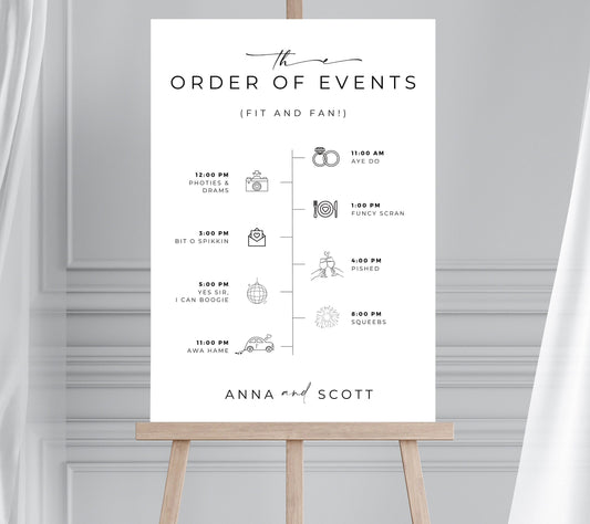 Scottish Slang Wedding Order of the Day Sign, Doric Slang Wedding Order of Events Welcome, Minimalist Wedding Timeline, Large Wedding Plan