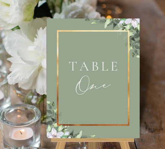 Sage and gold wedding Table Numbers, olive green table numbers, sage greenery table names, sage wedding decor, foliage floral table numbers