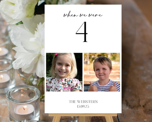 Photo Wedding Table Numbers, When We Were Table Numbers, Age Wedding Table Name Signs, Table Numbers With Photographs, Wedding Childhood Pic