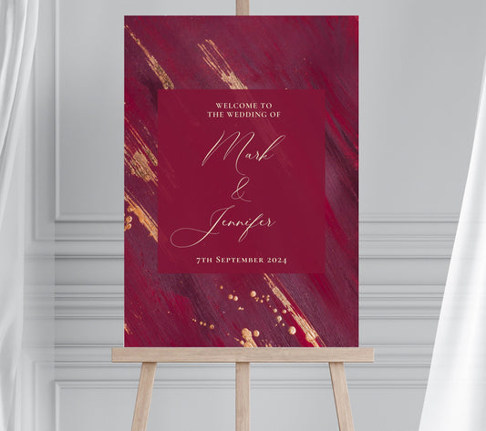 Burgundy Red and Gold Wedding Welcome Sign, Berry and Gold Luxury Wedding Welcome Sign, Maroon Wedding Sign, Winter Deep Red Wedding Sign