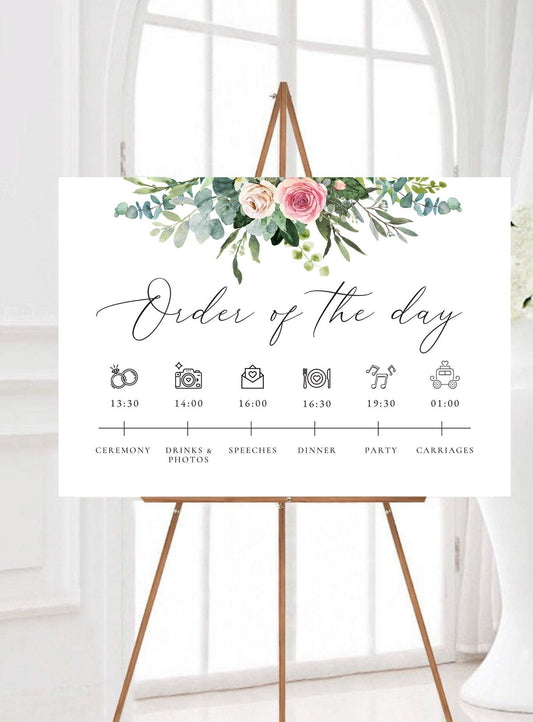 Greenery and Floral Order of the Day Sign, Eucalyptus Wedding Ceremony Order of Events Wedding Program