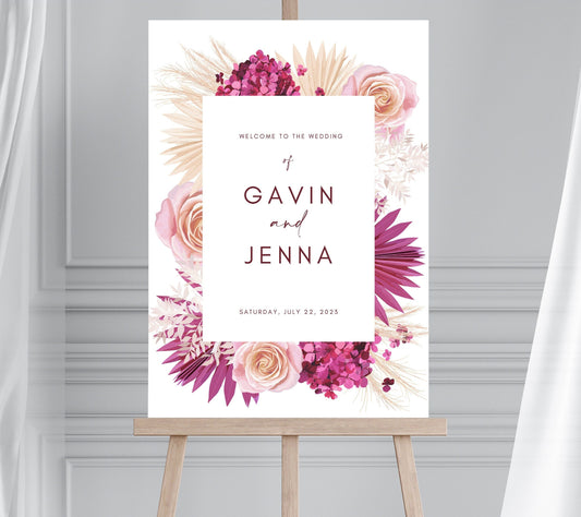 Pink Floral Wedding Welcome Sign, Pink Pampas Welcome Sign, Dusky Pink Flower Welcome Sign, Boho Pampas Hen Party Sign, Hot Pink Wedding
