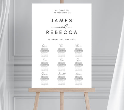 Modern Wedding Seating Plan, Black and White Seating Chart, Minimalist White Table Plan, Welcome Sign Seating Chart, Monochrome Seating Plan