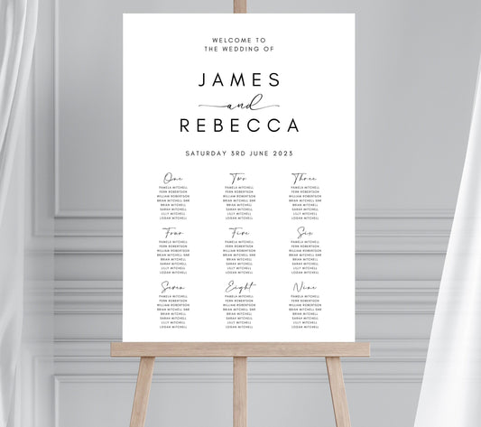 Modern Wedding Seating Plan, Black and White Seating Chart, Minimalist White Table Plan, Welcome Sign Seating Chart, Monochrome Seating Plan