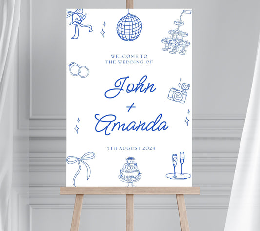 Blue and White Illustrated Wedding Welcome Sign, Handwritten Style Wedding Sign, Vintage Scribble Engagement Party Sign, Hand Drawn Effect