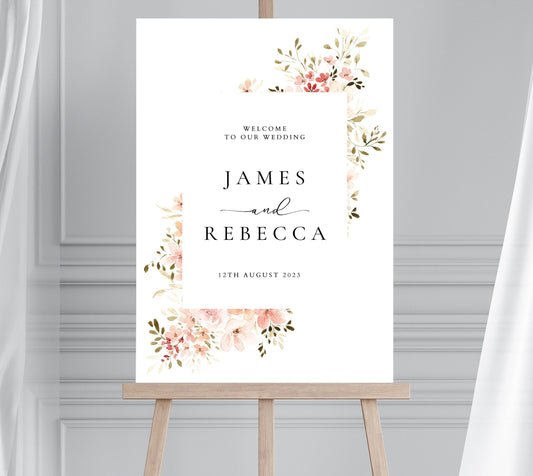 Pink Watercolor Floral Welcome Sign, Coral Flower Wedding Welcome Sign, Wildflower Wedding Welcome Sign, Floral Wedding Welcome Sign