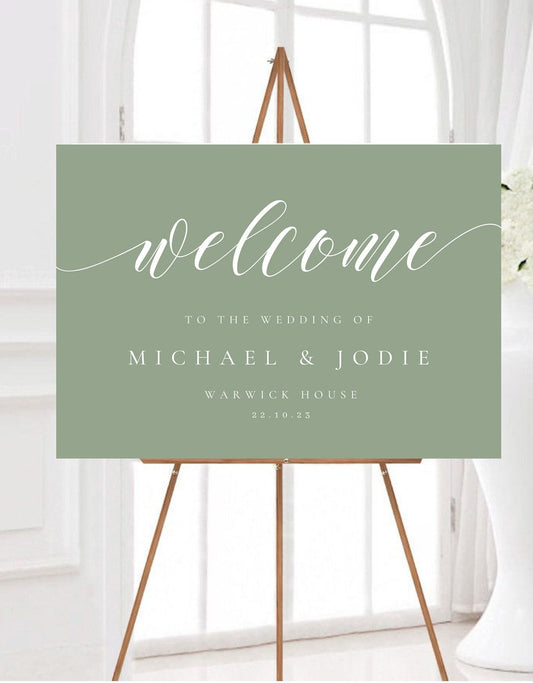 Minimalist Sage & White Wedding Welcome Sign, Modern Event Reception Signage, Olive Wedding Sign, Sage Wedding Decor
