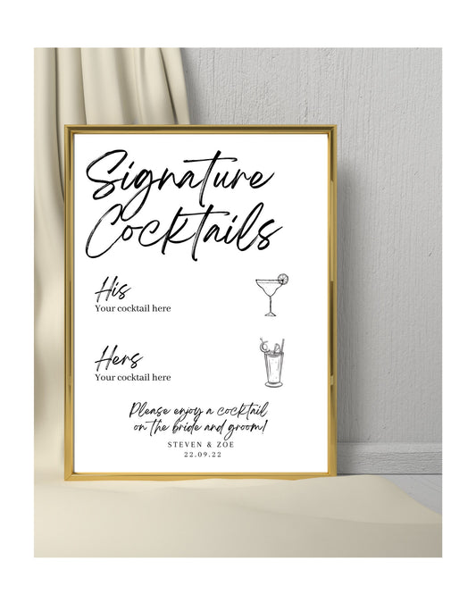 PERSONALISED Wedding Cocktail Menu, Open Bar Menu, His and Hers cocktail sign, cocktail night sign, signature drinks sign, bar menu print