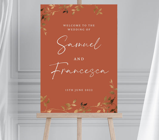 Burnt Orange Wedding Welcome Sign, Rust and Gold Wedding Sign, Terracotta Gold Leaf Effect Wedding Party Welcome Sign