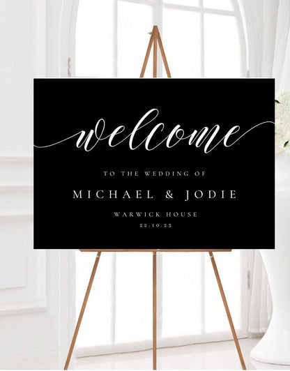Minimalist Black & White Wedding Welcome Sign, Modern Event Reception Signage, Black Welcome Sign