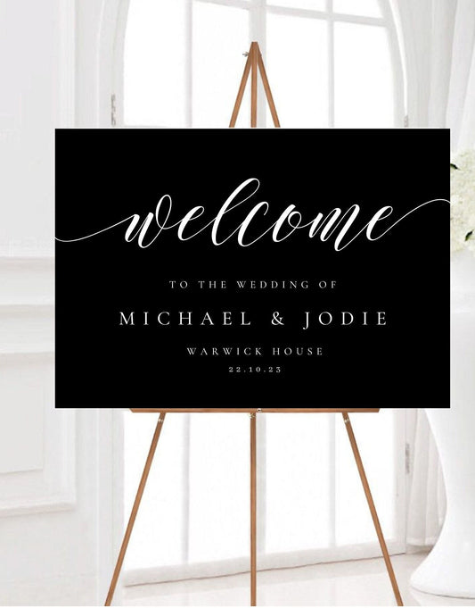 Minimalist Black & White Wedding Welcome Sign, Modern Event Reception Signage, Black Welcome Sign