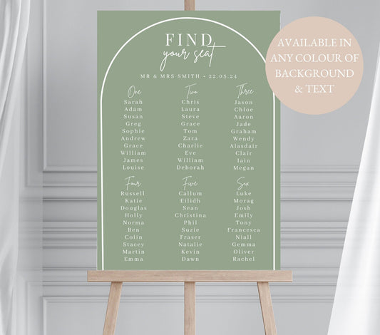 Personalised Sage Green Wedding Table Plan, Olive Wedding Seating Chart, Arch Table Plan