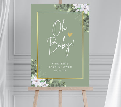 Greenery Baby Shower welcome Sign, Oh Baby shower Sign, Greenery Gold, Baby shower decorations, Sage Green and Gold Baby Shower Welcome Sign