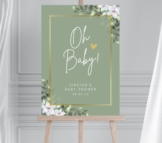 Greenery Baby Shower welcome Sign, Oh Baby shower Sign, Greenery Gold, Baby shower decorations, Sage Green and Gold Baby Shower Welcome Sign