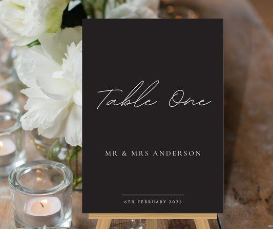 Minimalist Black & White Wedding Table Numbers, Modern Table Name Sign, Black Wedding Sign