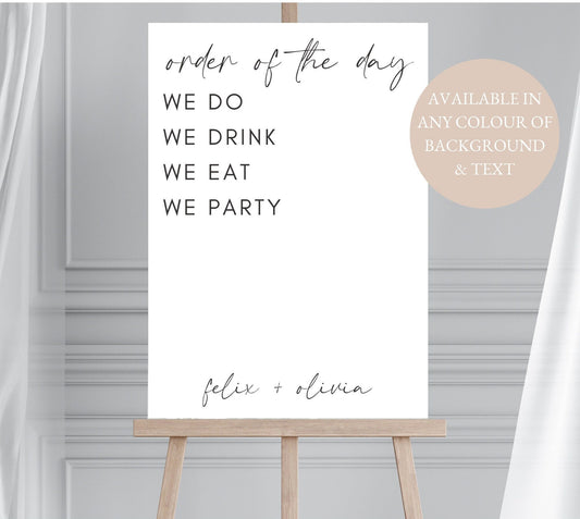Personalised Minimalist Order of the Day Sign, Wedding Order of Events, Wedding Timeline, Modern Wedding Signage, Large Order of Events Sign