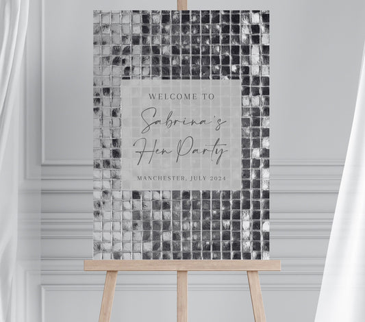 Disco Themed Bridal Shower Welcome Sign, Disco ball Hen Party Welcome Sign, Disco Themed Party, Sequin Wall Effect Printed Board