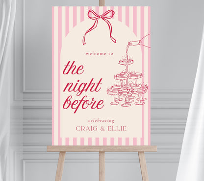 The Night Before Wedding Welcome Sign, Champagne Tower Cocktail Party Sign, Pre Wedding Rehearsal Dinner Décor, Whimsical Bow Welcome Sign