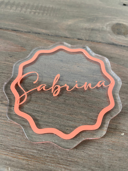 Custom Acrylic Name Coaster – Personalised Wavy Edge Place Card – Wedding Place Setting, Party Favour, Event Table Decor