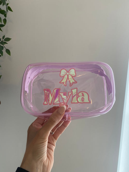Personalised Clear Pencil Case with Name & Bow, Custom Makeup Bag, Back to School Stationery, Personalised Kids Gift, Travel Cosmetic Case