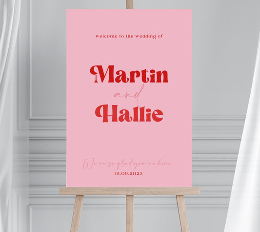Retro Style Red and Pink Wedding Welcome Sign, Groovy 70s Wedding Sign, Hot Pink Disco Wedding Sign, Pink and Red Disco Hen Party Sign