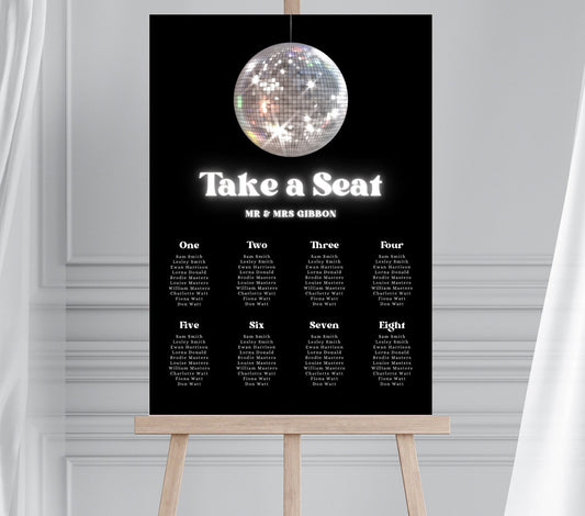 Retro Disco Wedding Seating Plan, Disco Ball Wedding Seating Chart, 70s Vintage Wedding Seating Plan, Neon Effect Seating Plan