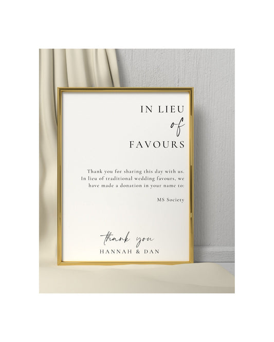 IN LIEU of FAVOURS Print, Wedding Donation Sign, Wedding Charity Sign, Wedding Gift Sign