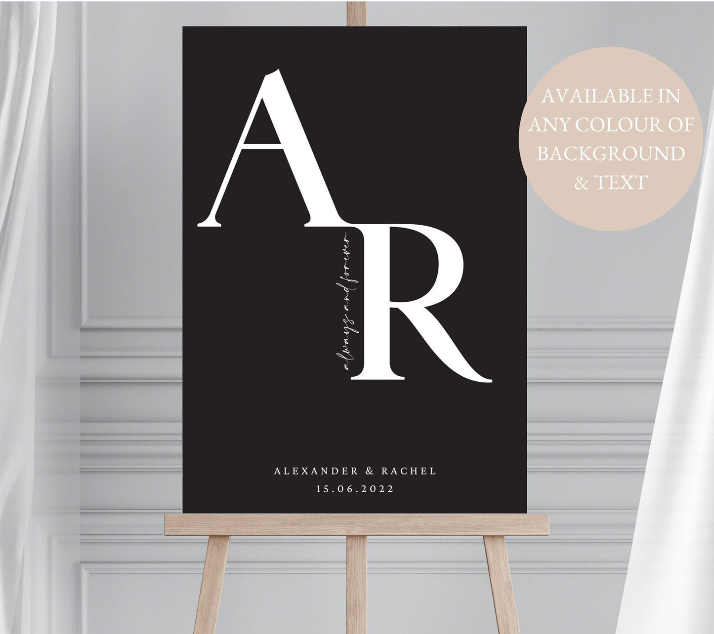 Couples Initials Black & White Wedding Welcome Sign, Minimalist Custom Initial Wedding Sign, Monogram Wedding Sign