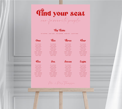 Retro Style Red and Pink Wedding Seating Chart, Groovy 70s Wedding Table Plan, Hot Pink Disco Table Plan, Pink and Red Seating Plan